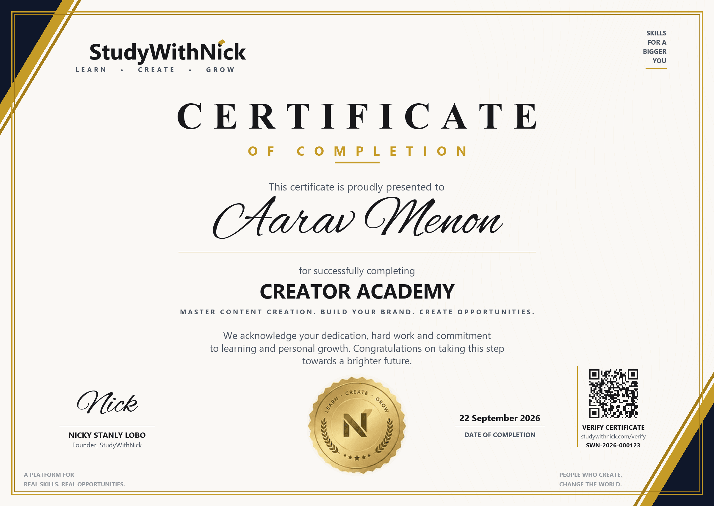 Study With Nick Official Certificate Sample